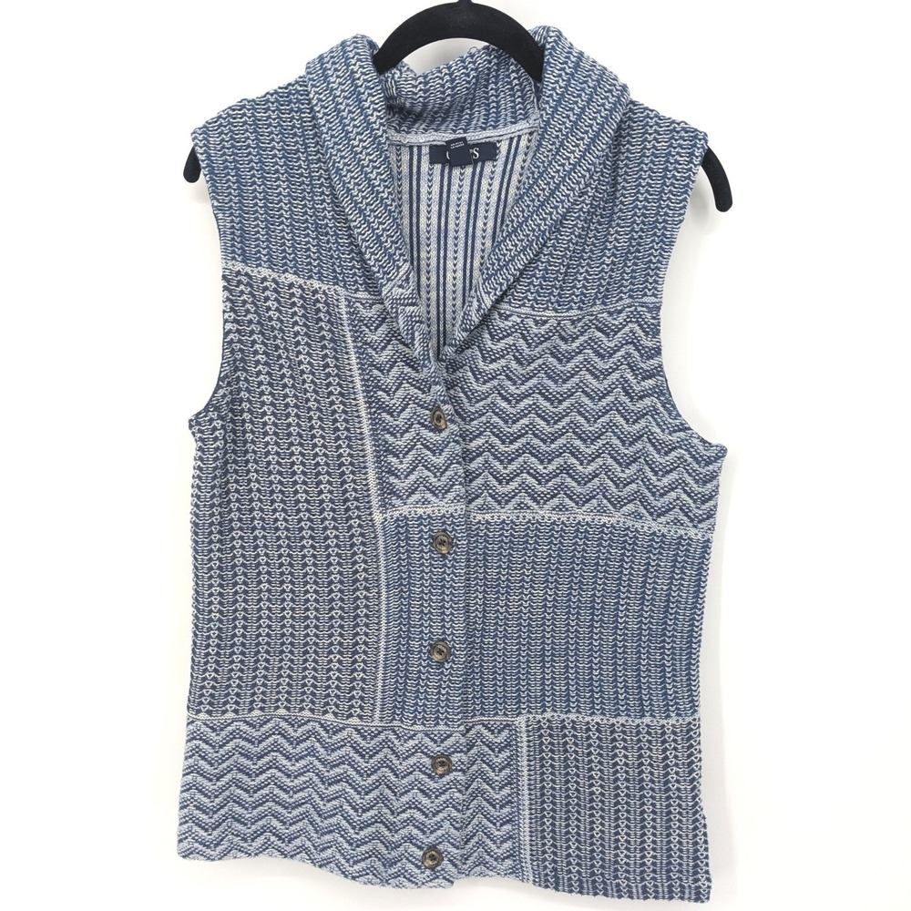 Chaps Knit Vest Womens Medium Blue Shawl Collar Sleeveless Patchwork‎ Grannycore